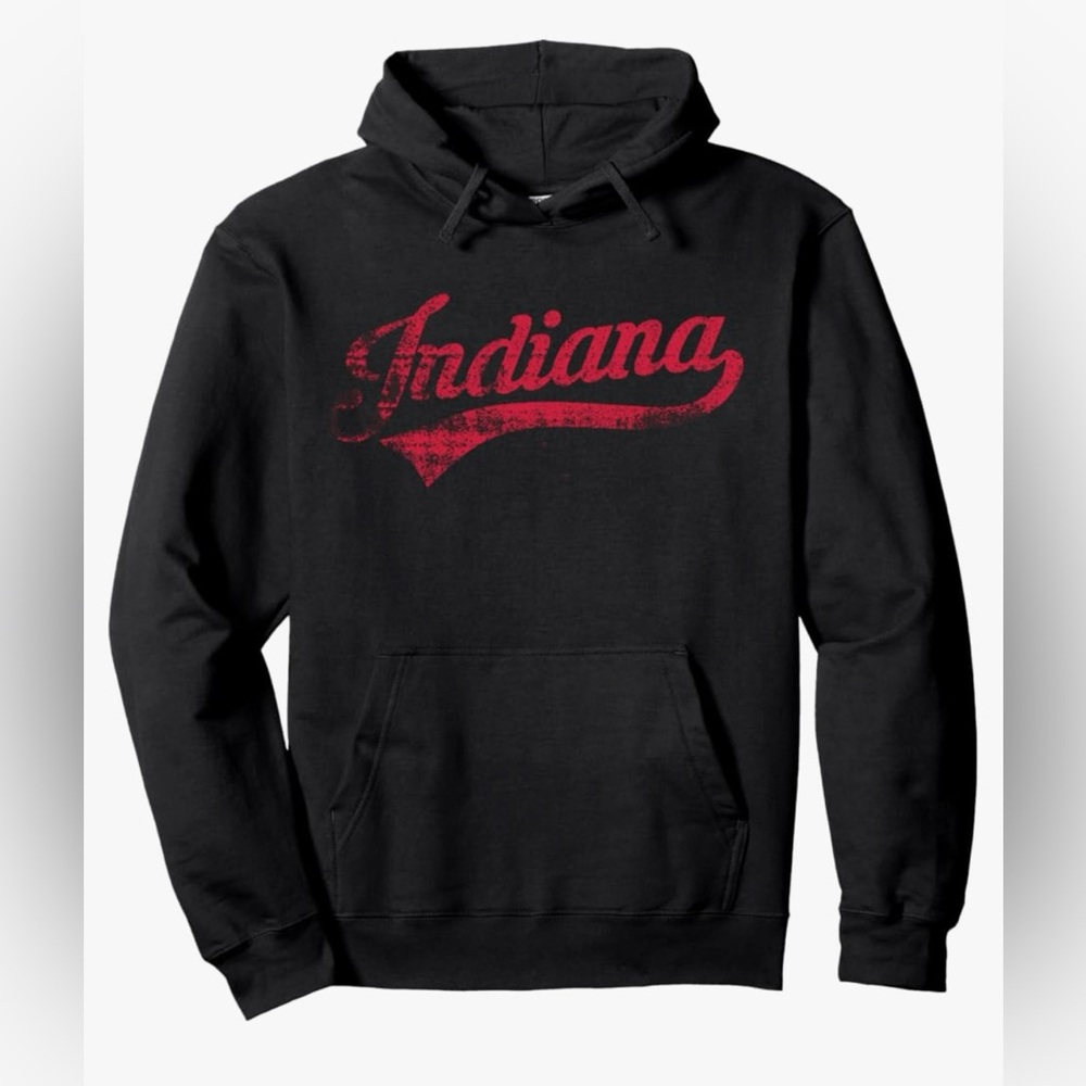 Black Hoodie with Intentional Distressed Red Indiana Print Men’s Size Large